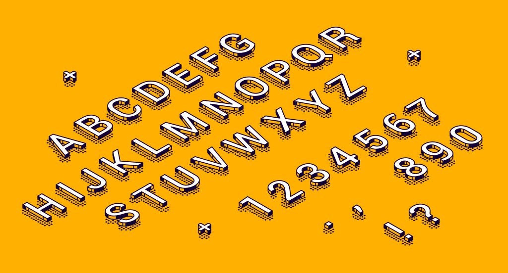 Isometric alphabet, numbers and punctuation marks