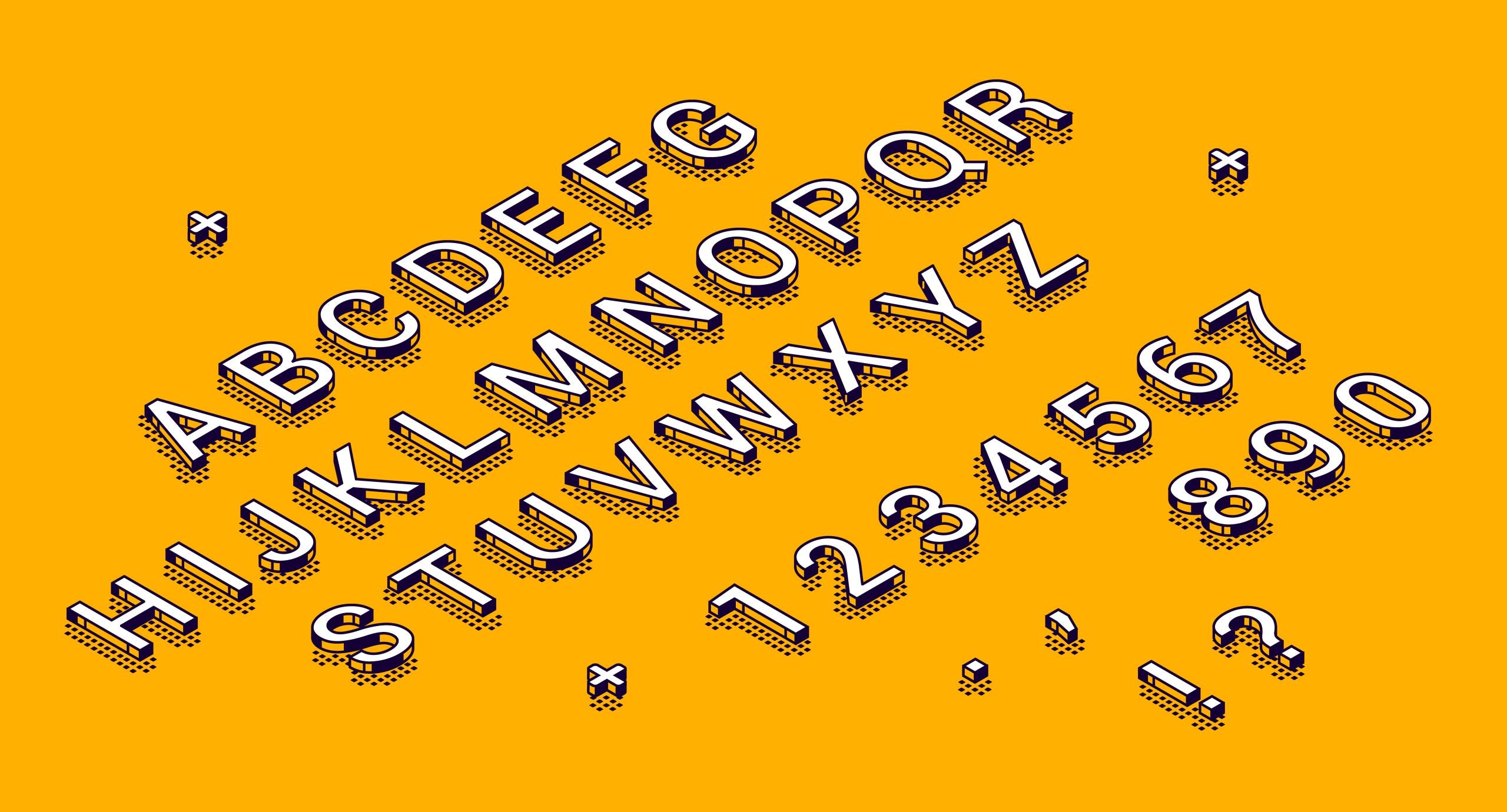 Isometric alphabet, numbers and punctuation marks